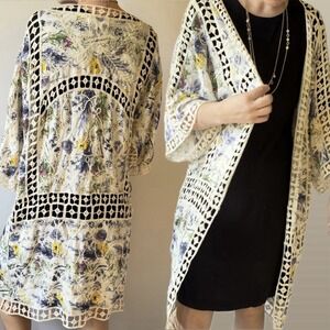 Rachel Roy Crochet Floral Kimono OS Boho  Hippie Duster 3/4 Sleeve Embroidered
